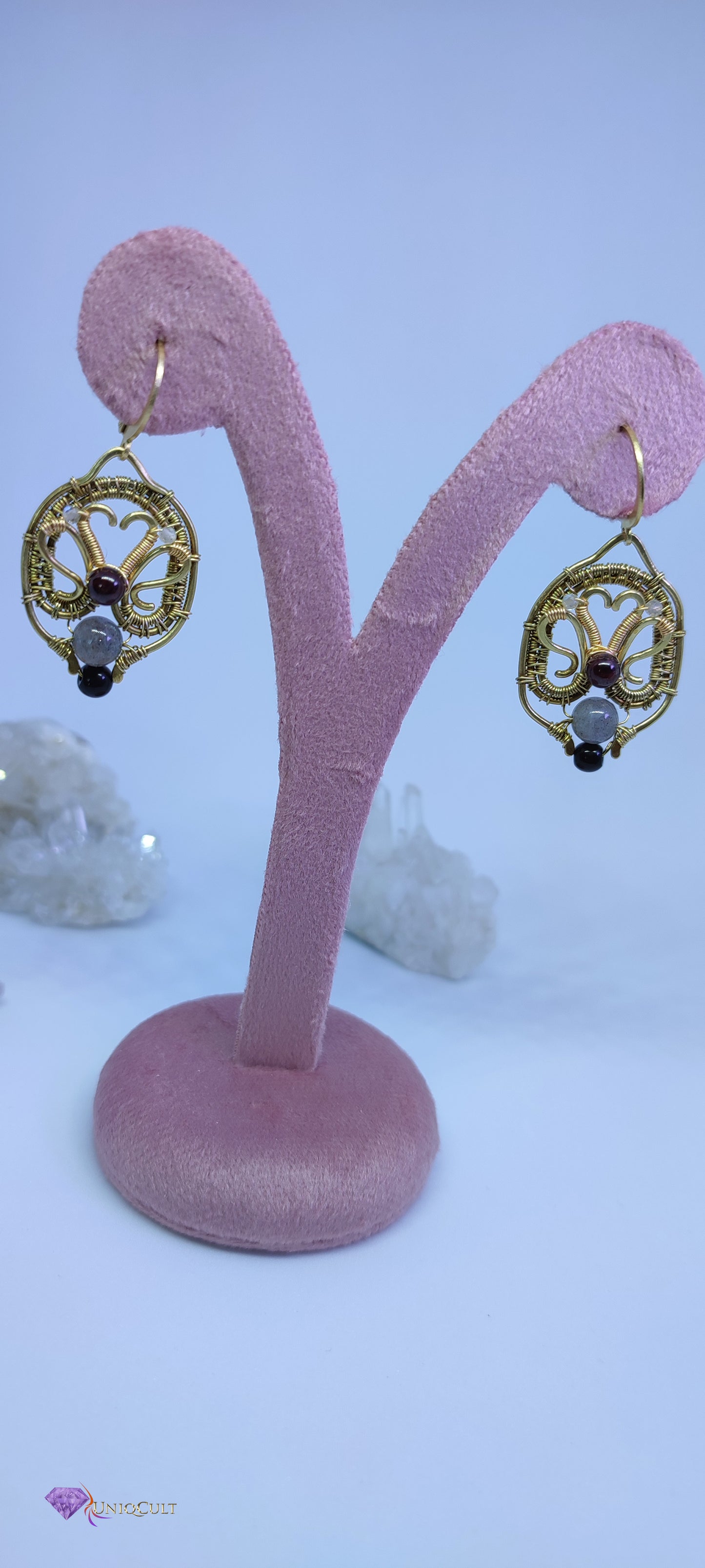 Sweetheart Brass Wire Earrings Decorated with Garnet & Labradorite Beads