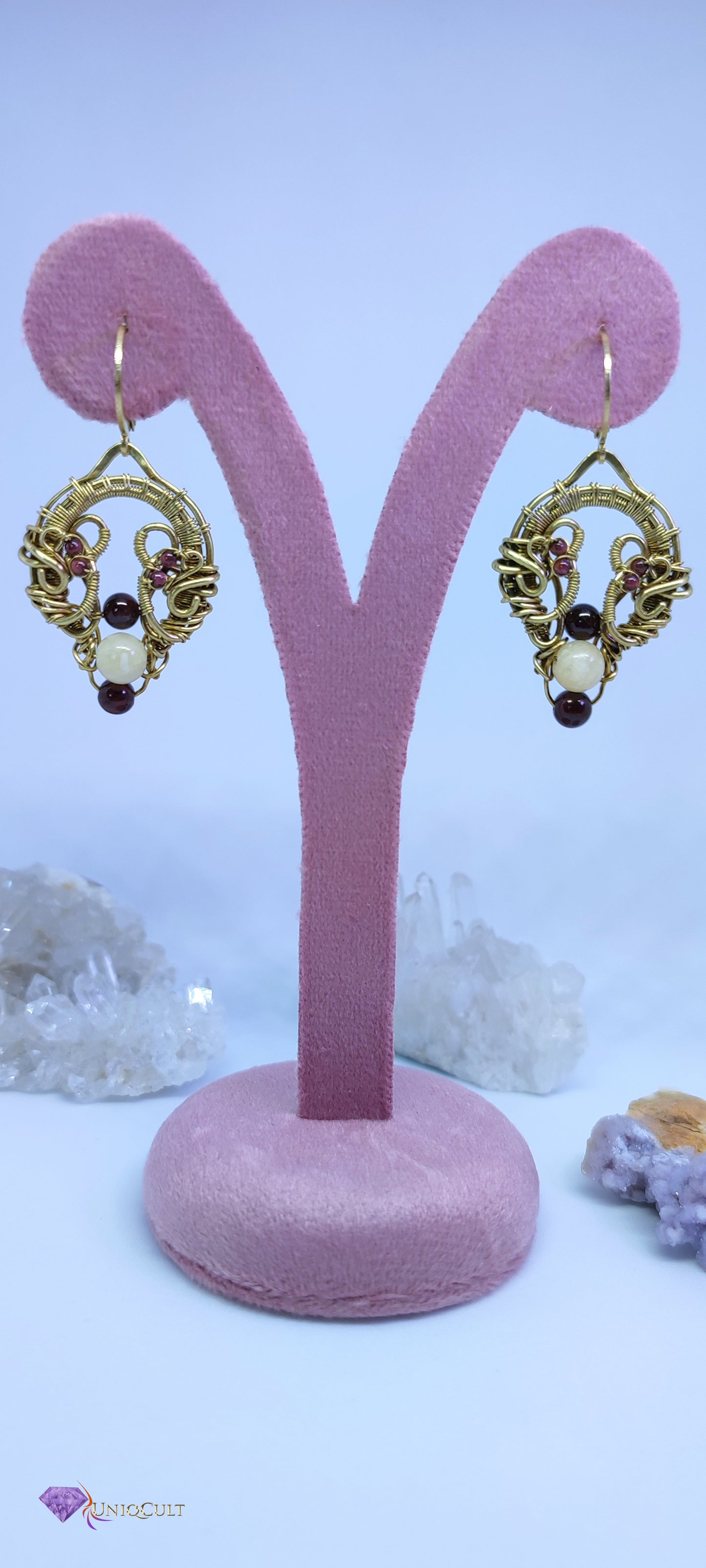 Handmade Elven Style Brass Wire Earrings Decorated with Garnet & Calcite Beads