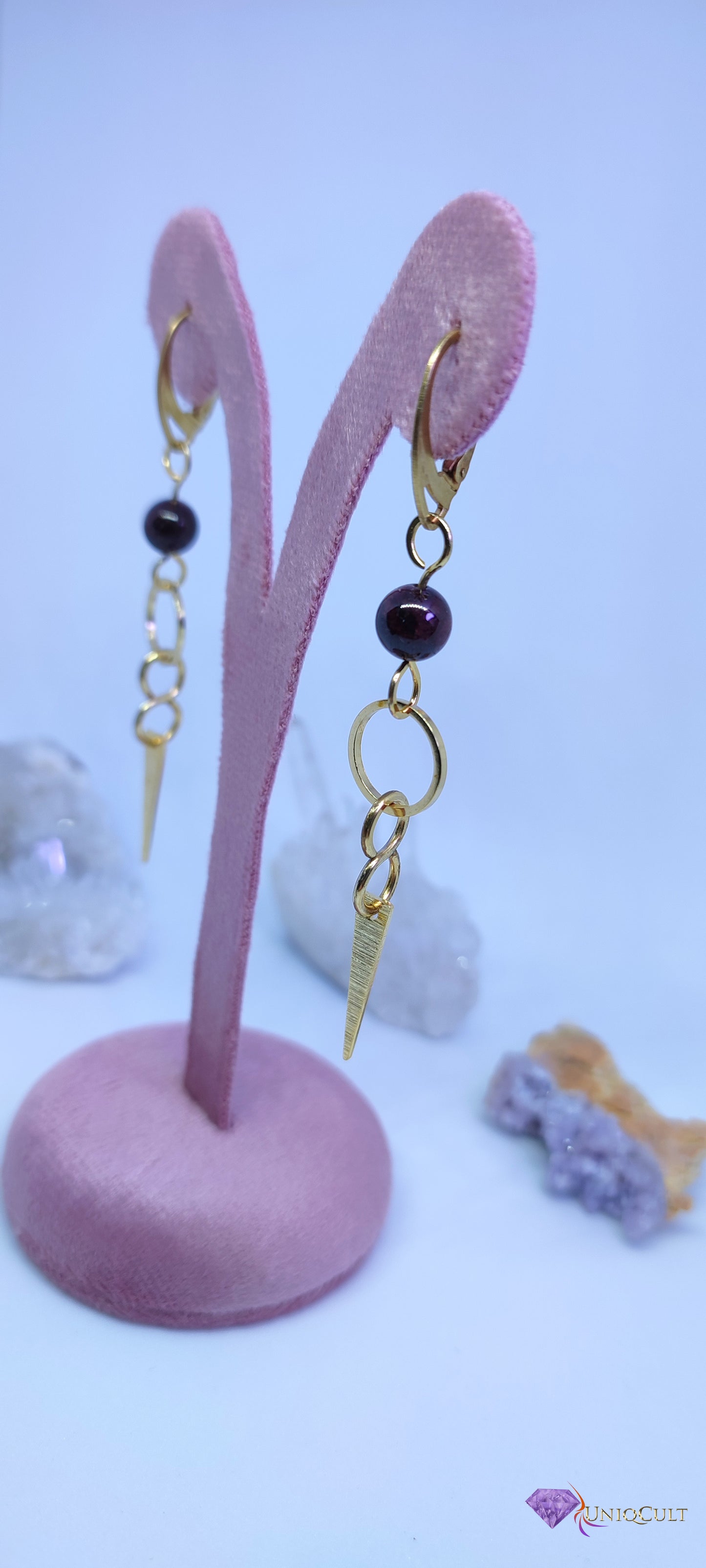 Handmade Edgy Triangle Spike Brass Garnet Earrings