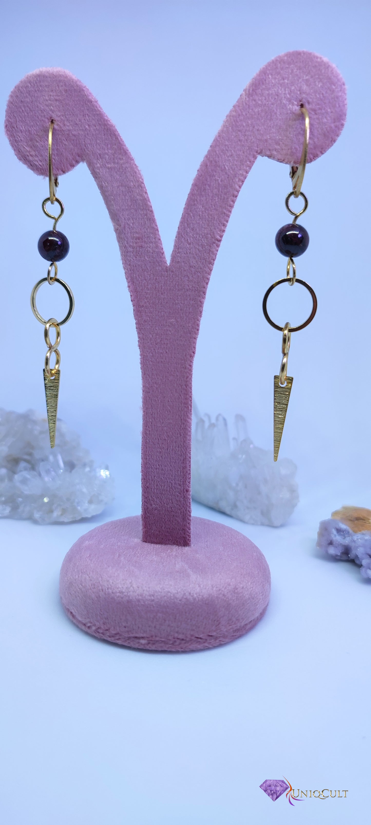 Handmade Edgy Triangle Spike Brass Garnet Earrings