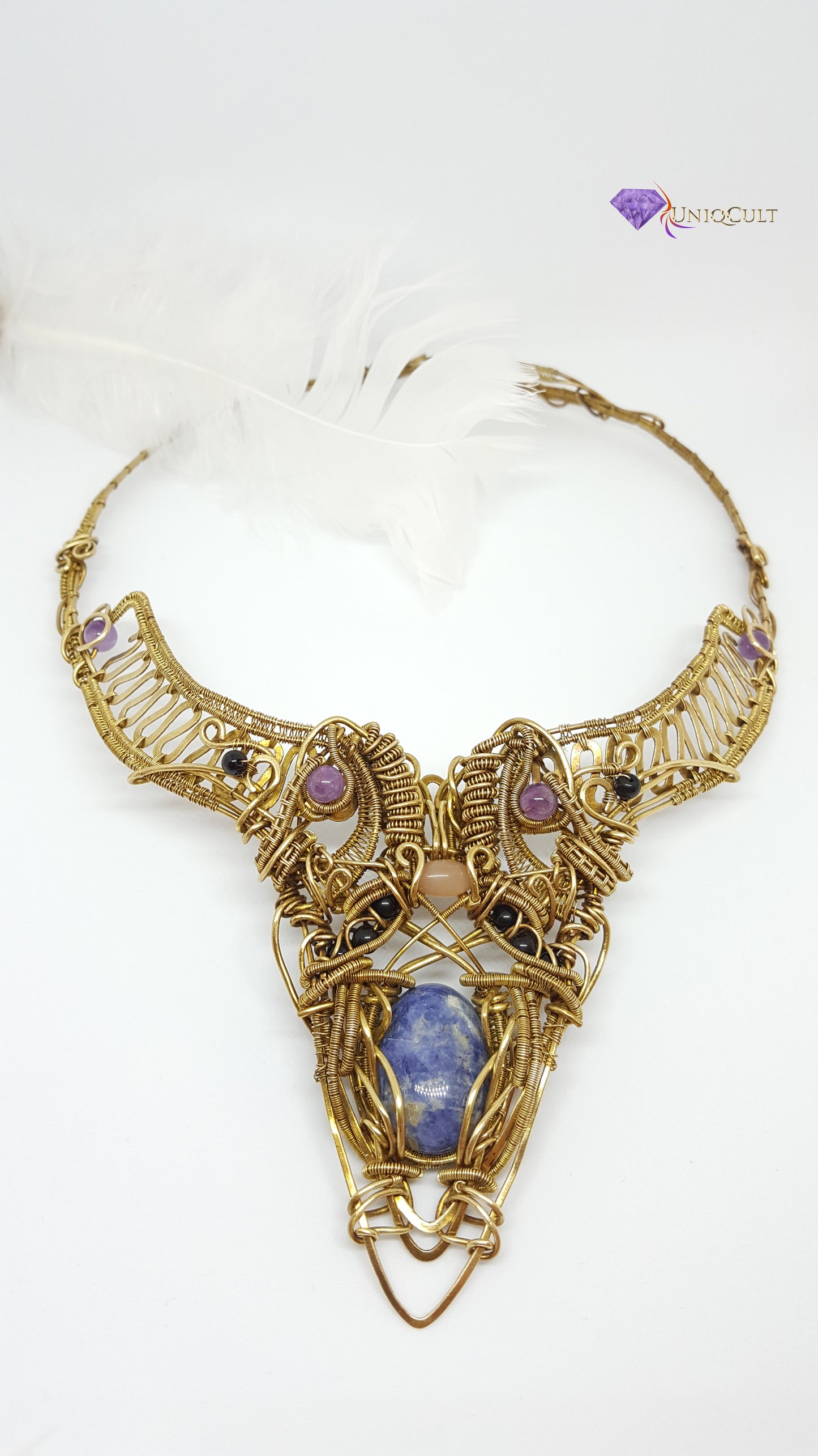 Artistic Handmade Brass Wire Collar Statement Necklace with Sodalite Cabochon, Peach Moonstone, Amethyst & Onyx Beads