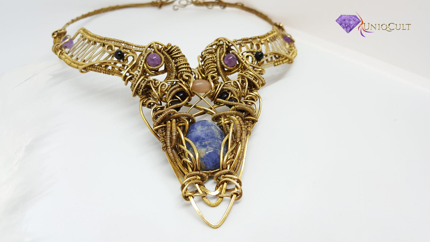 Artistic Handmade Brass Wire Collar Statement Necklace with Sodalite Cabochon, Peach Moonstone, Amethyst & Onyx Beads