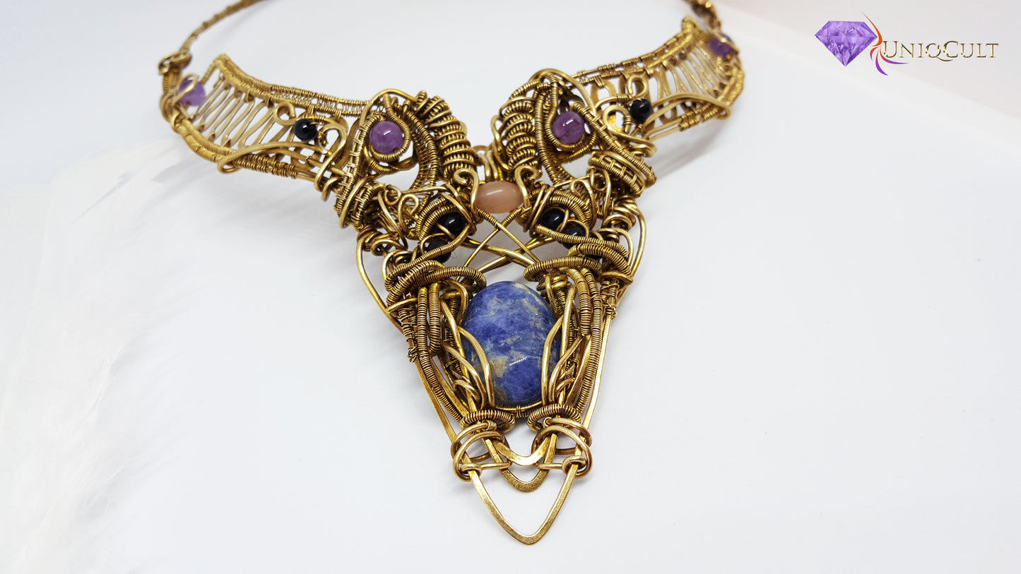 Artistic Handmade Brass Wire Collar Statement Necklace with Sodalite Cabochon, Peach Moonstone, Amethyst & Onyx Beads