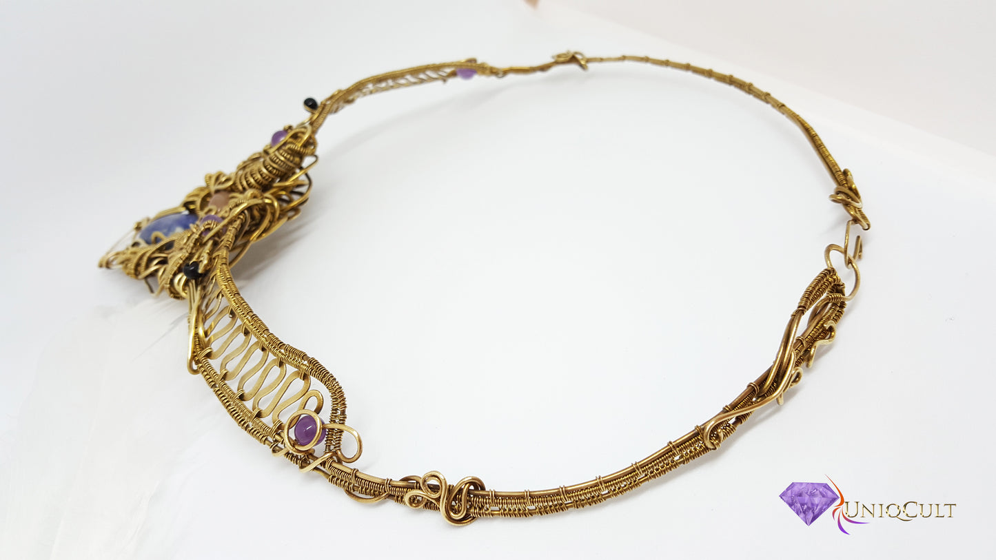 Artistic Handmade Brass Wire Collar Statement Necklace with Sodalite Cabochon, Peach Moonstone, Amethyst & Onyx Beads