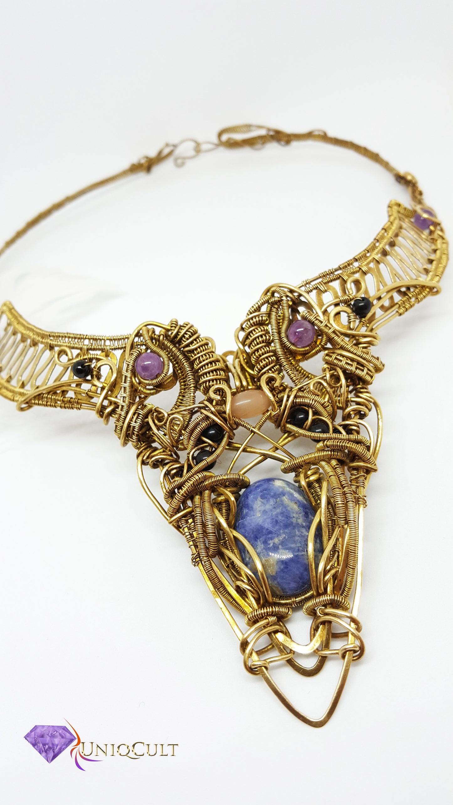 Artistic Handmade Brass Wire Collar Statement Necklace with Sodalite Cabochon, Peach Moonstone, Amethyst & Onyx Beads