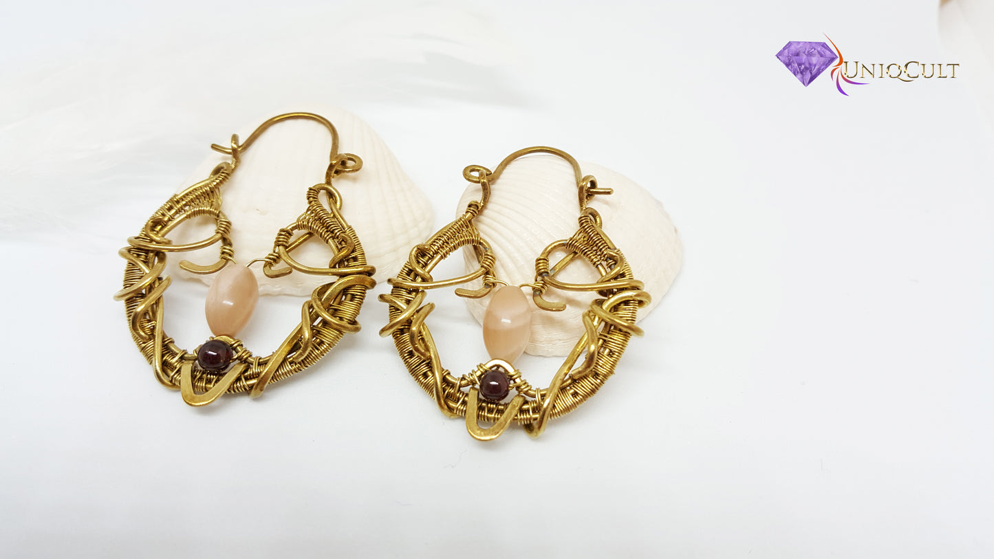 Elegant Garnet and Peach Moonstone Brass Wire Hoop Earrings