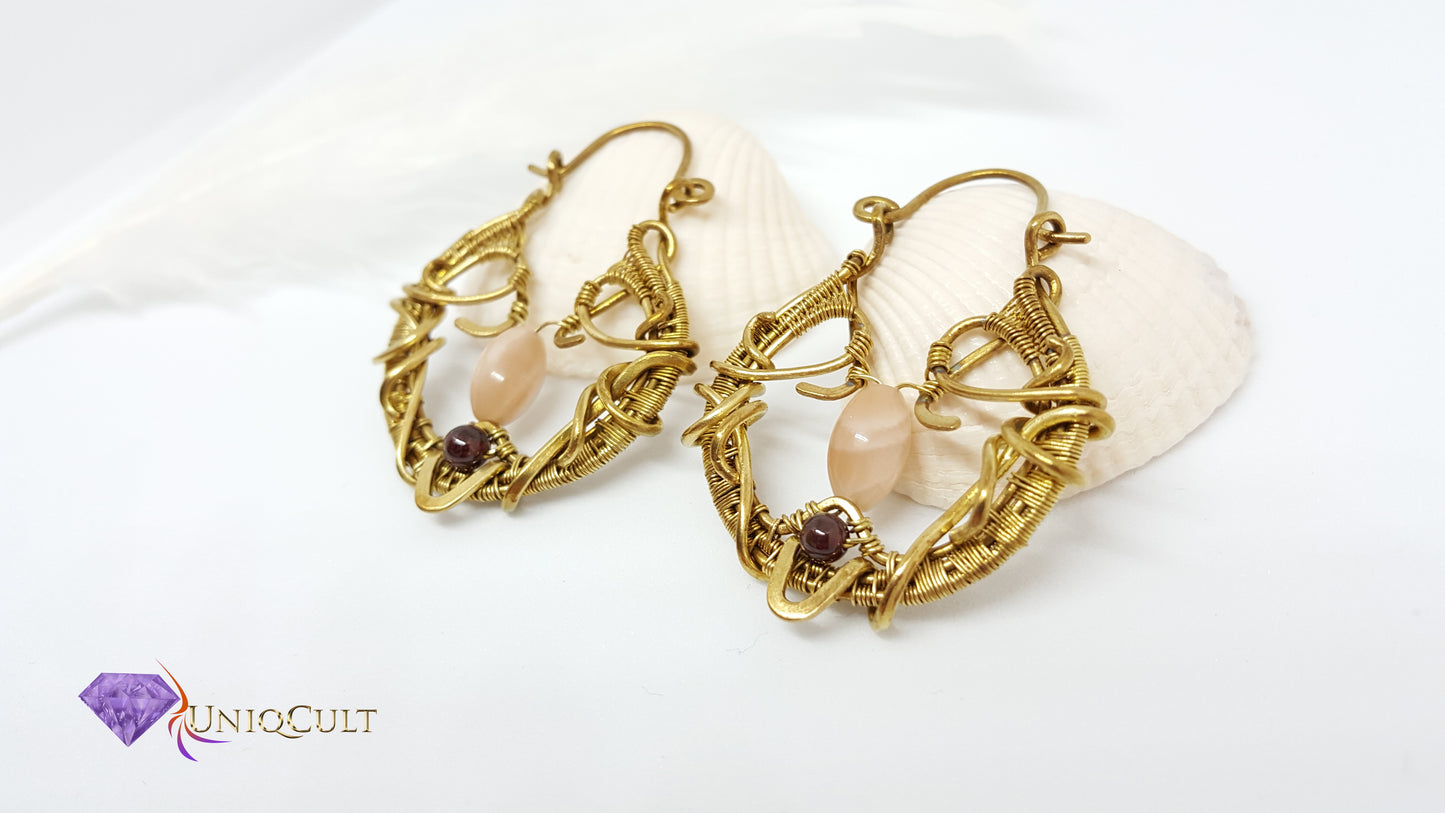 Elegant Garnet and Peach Moonstone Brass Wire Hoop Earrings