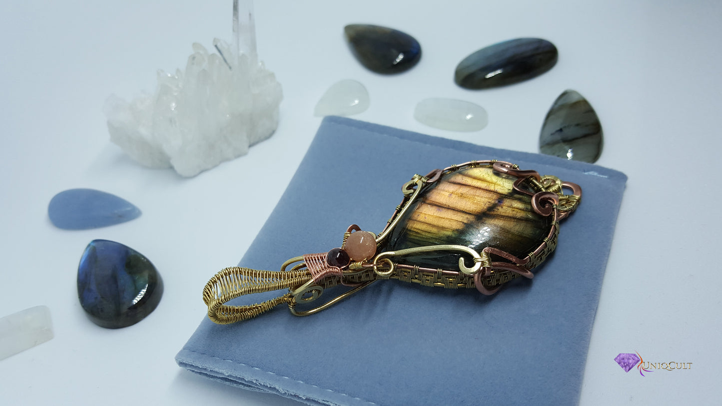 Brass & Copper Wire Wrapped Multicoloured Labradorite Gemstone Pendant