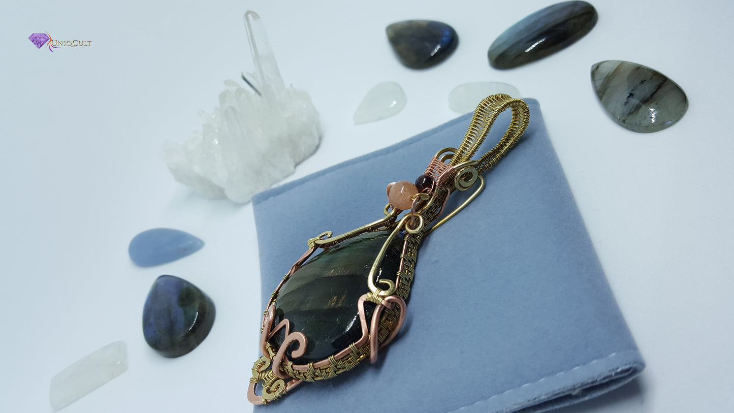 Brass & Copper Wire Wrapped Multicoloured Labradorite Gemstone Pendant