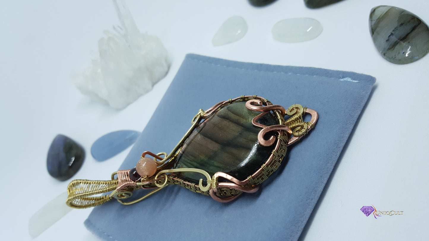 Brass & Copper Wire Wrapped Multicoloured Labradorite Gemstone Pendant