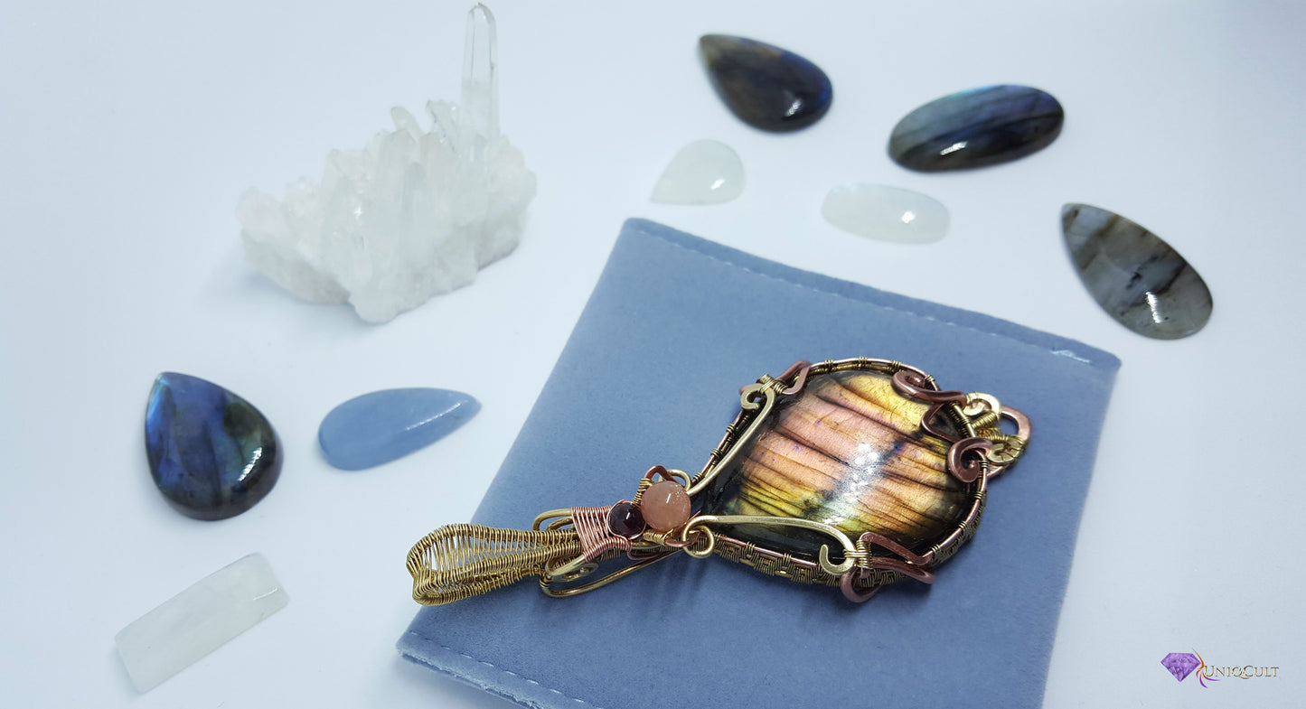 Brass & Copper Wire Wrapped Multicoloured Labradorite Gemstone Pendant