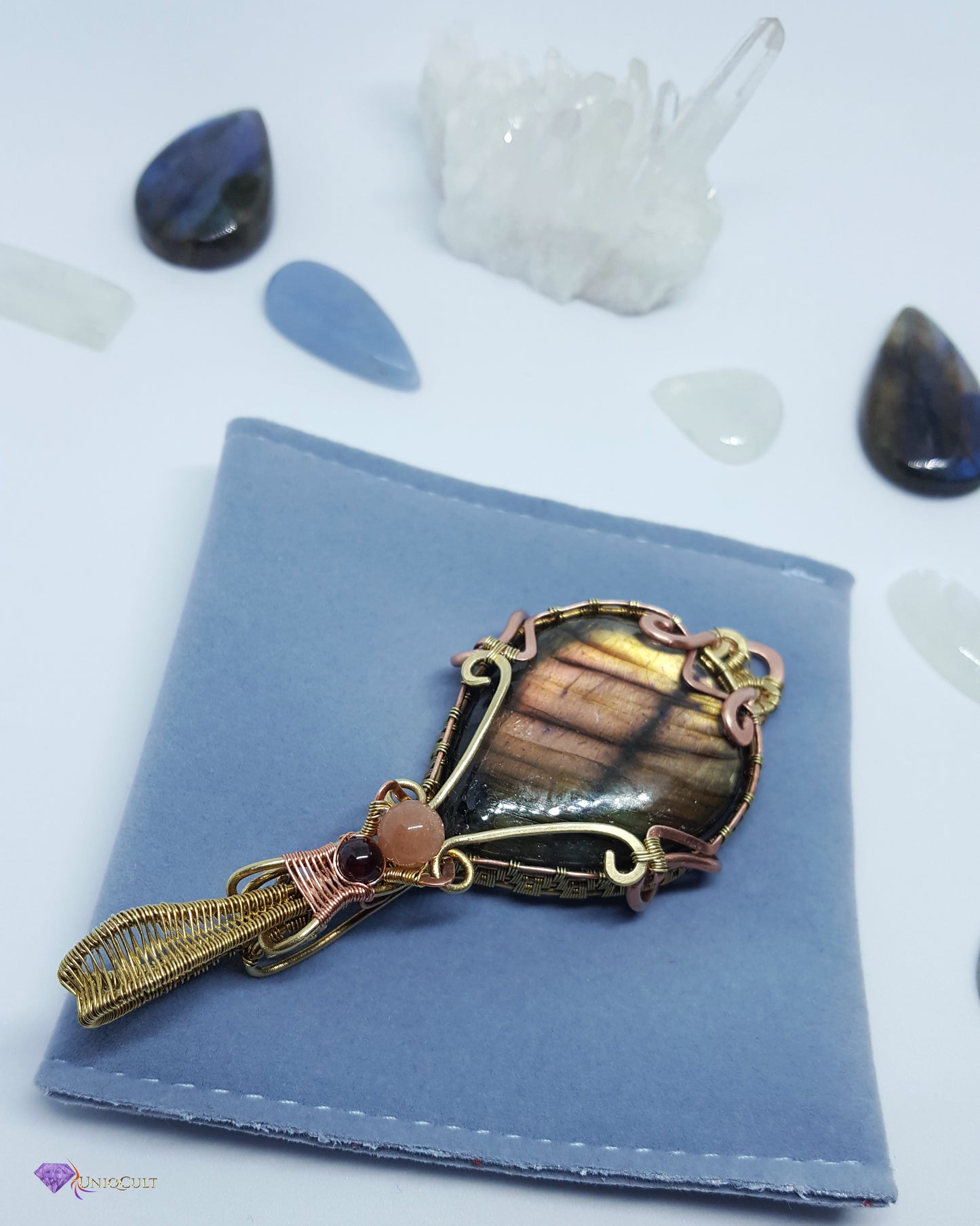 Brass & Copper Wire Wrapped Multicoloured Labradorite Gemstone Pendant