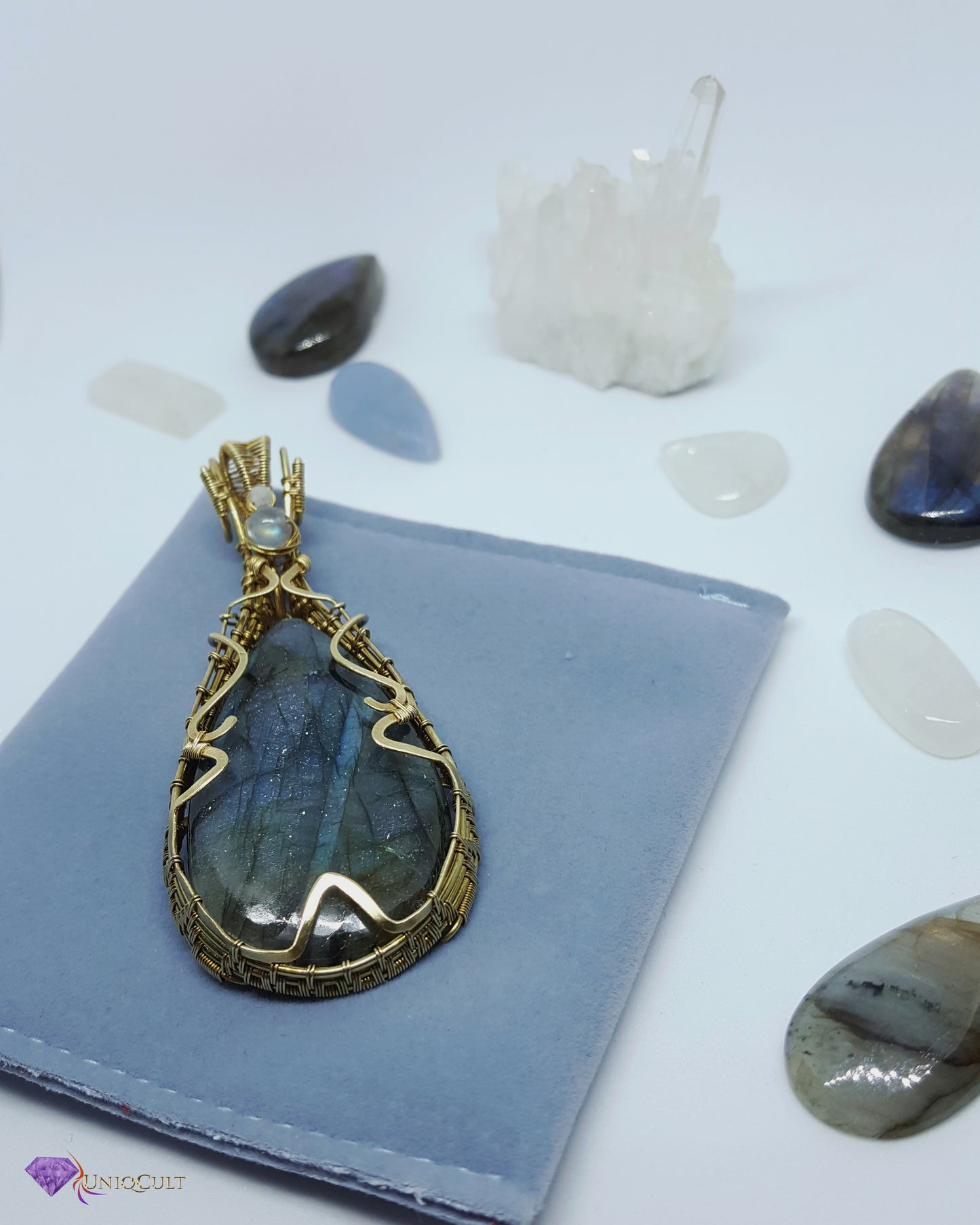 Brass Wire Wrapped Multicoloured Labradorite Gemstone Pendant