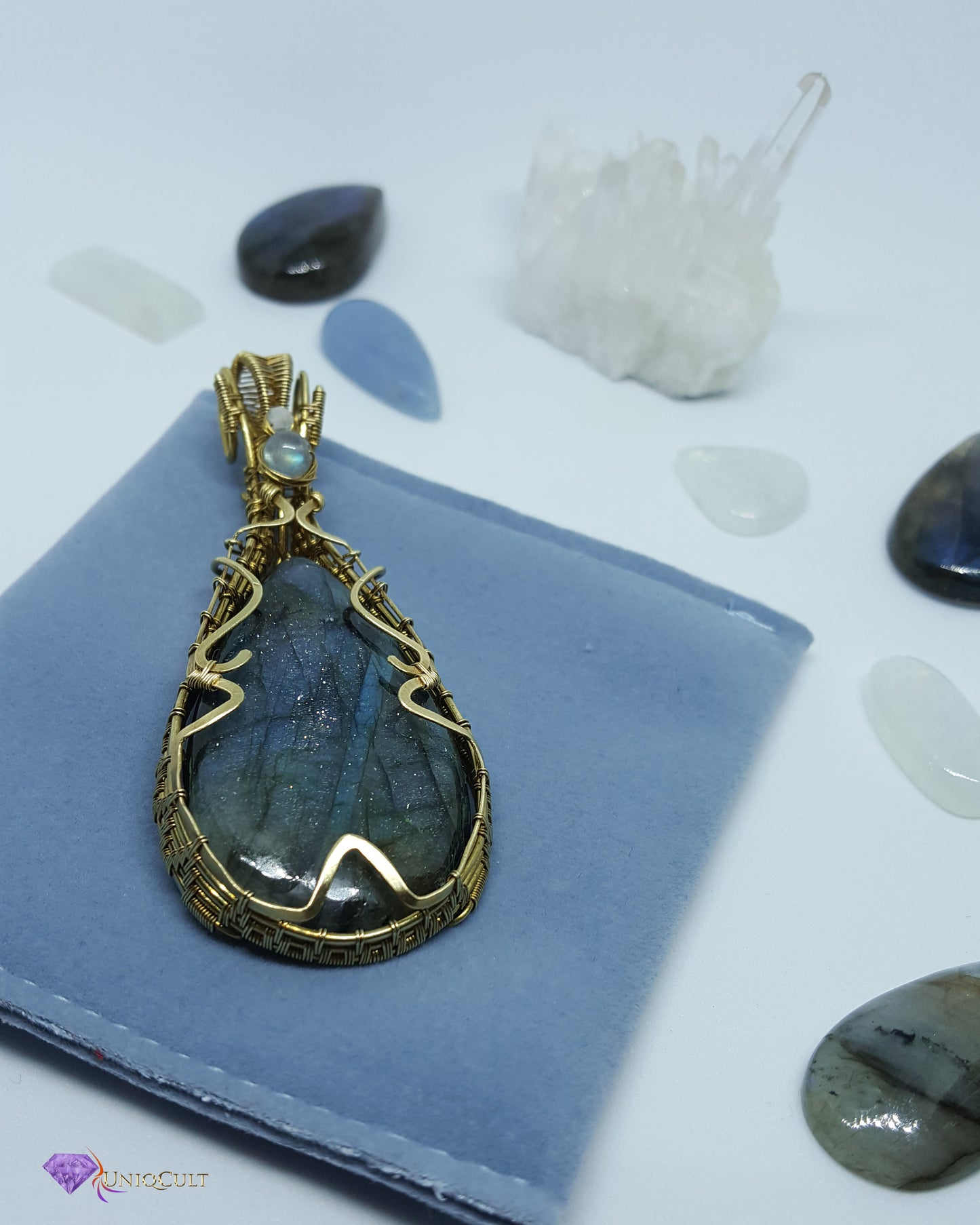 Brass Wire Wrapped Multicoloured Labradorite Gemstone Pendant