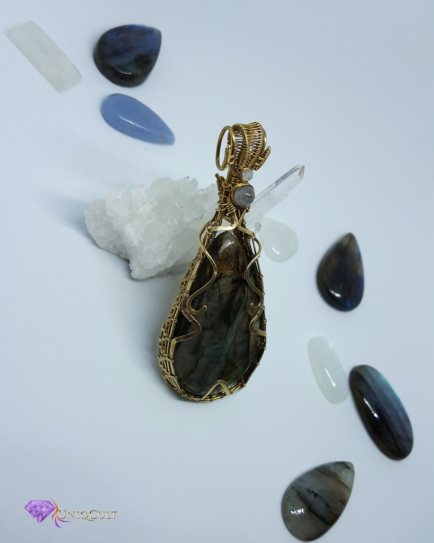 Brass Wire Wrapped Multicoloured Labradorite Gemstone Pendant