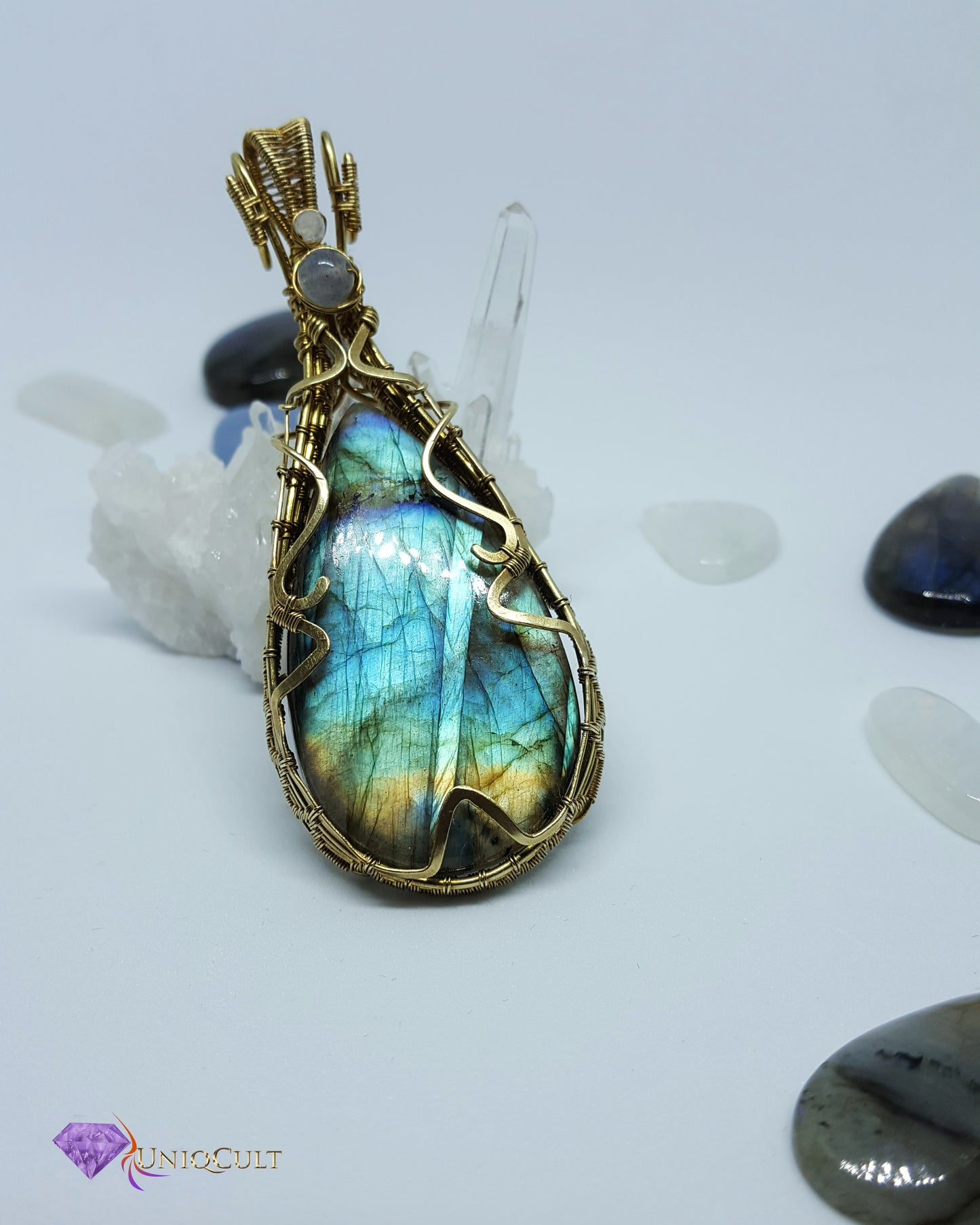 Brass Wire Wrapped Multicoloured Labradorite Gemstone Pendant