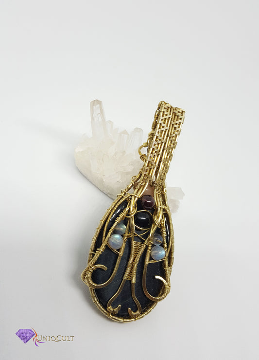 Brass Wire Wrapped Double-sided Blue Pietersite Fire Tiger's Eye Pendant with Peach moonstone, Garnet, Labradorite Beads and  Onyx cabochon