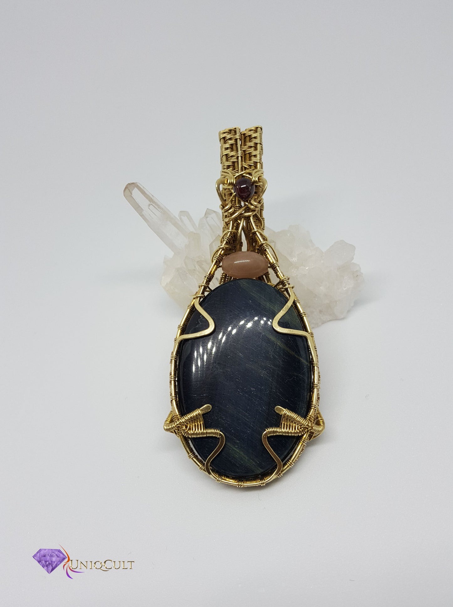 Brass Wire Wrapped Double-sided Blue Pietersite Fire Tiger's Eye Pendant with Peach moonstone, Garnet, Labradorite Beads and  Onyx cabochon