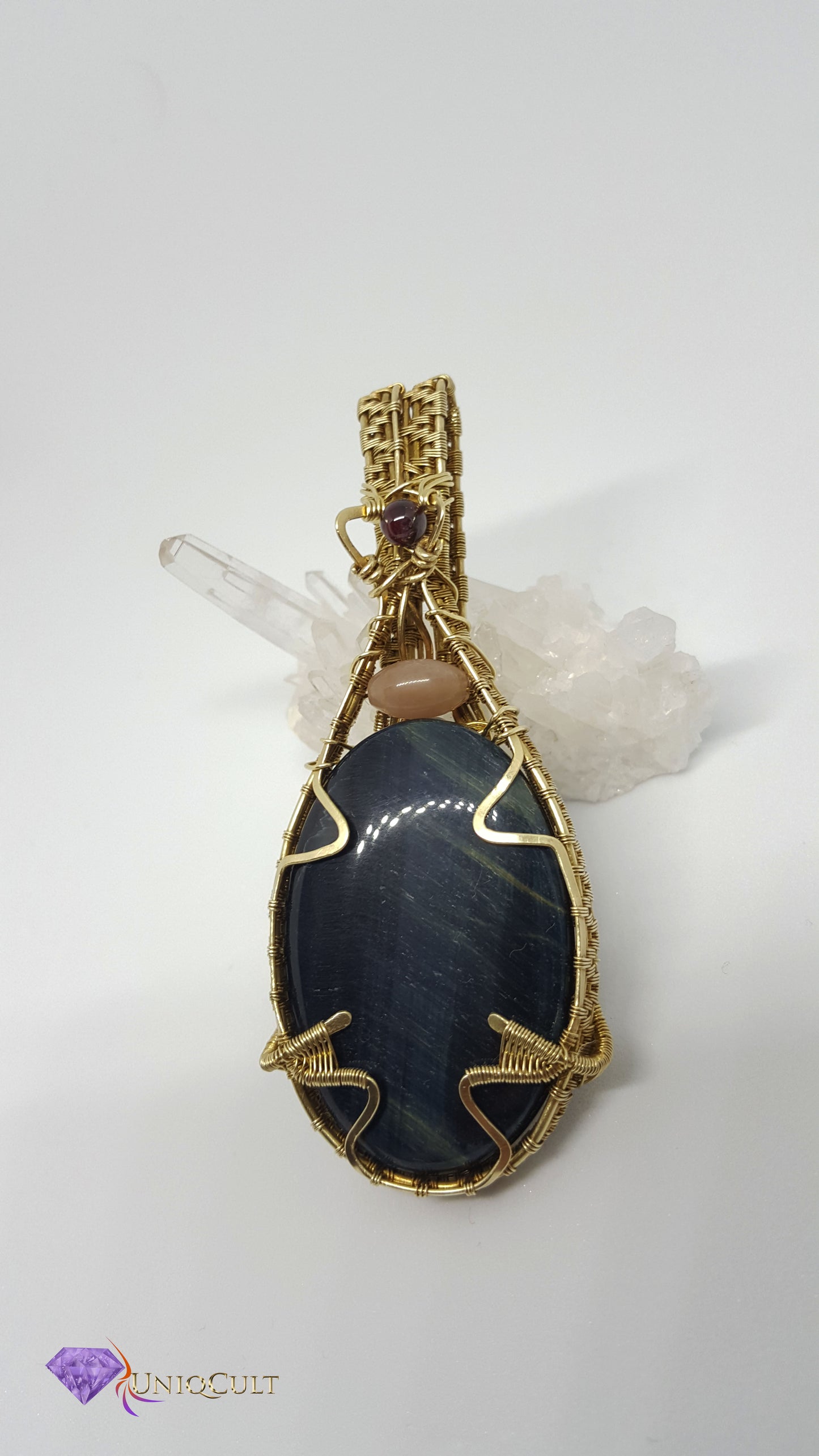 Brass Wire Wrapped Double-sided Blue Pietersite Fire Tiger's Eye Pendant with Peach moonstone, Garnet, Labradorite Beads and  Onyx cabochon