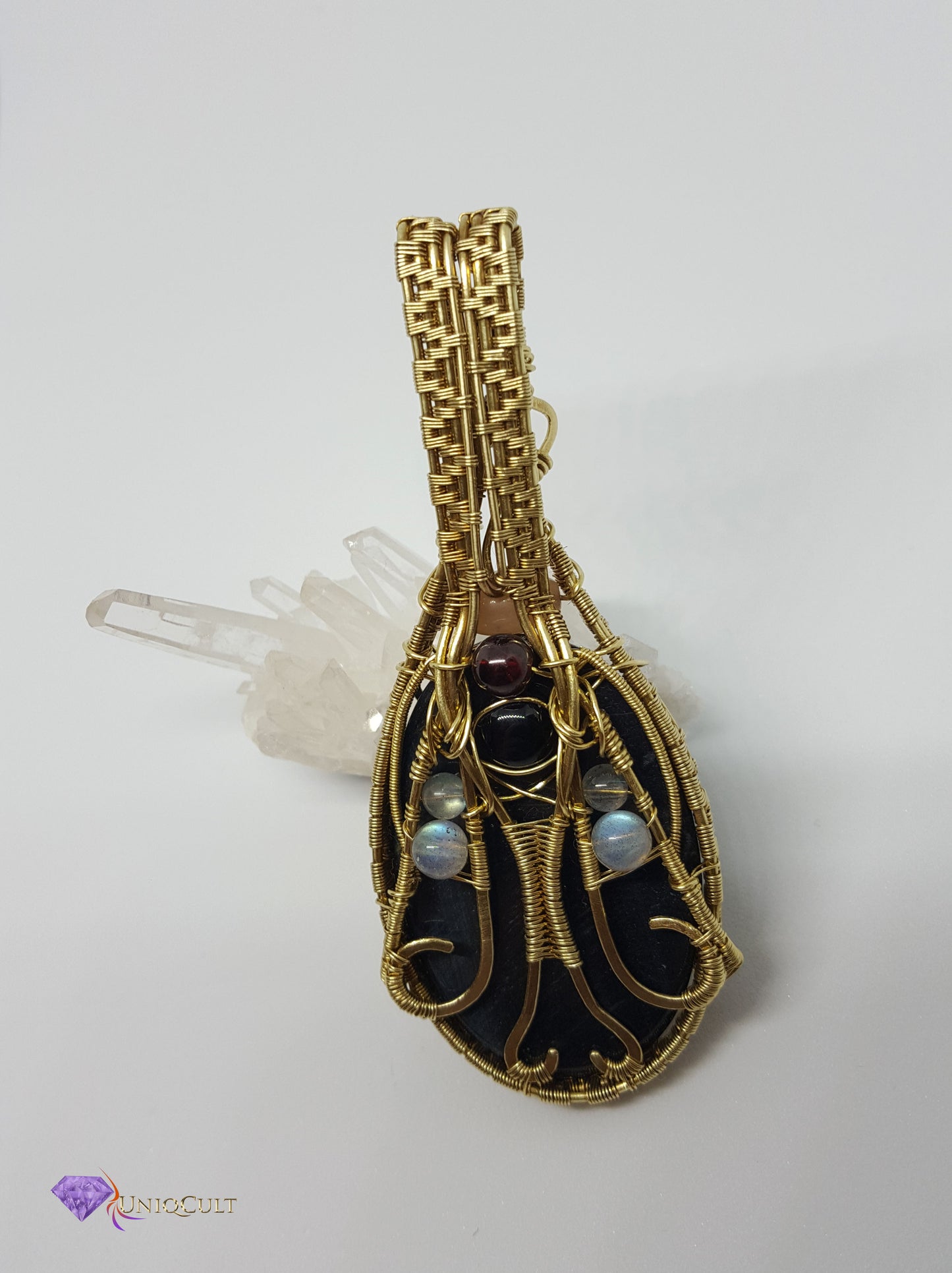 Brass Wire Wrapped Double-sided Blue Pietersite Fire Tiger's Eye Pendant with Peach moonstone, Garnet, Labradorite Beads and  Onyx cabochon