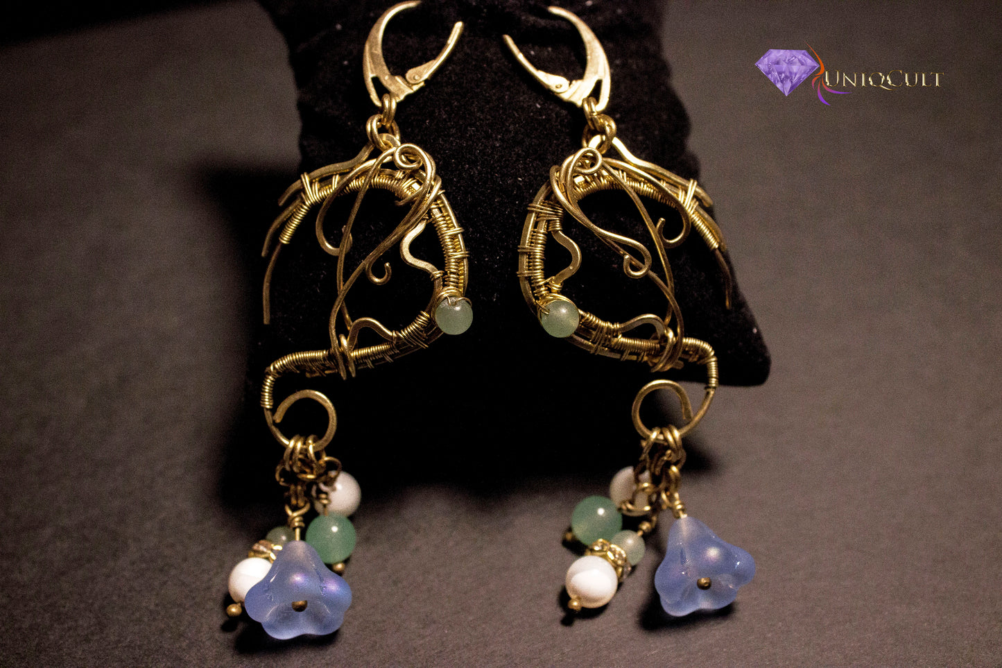 Solid Brass Earrings with Aventurine beads, Pearls, Crystal Rondelle Spacers and Czech Glass Flowers & and matching bracelet.