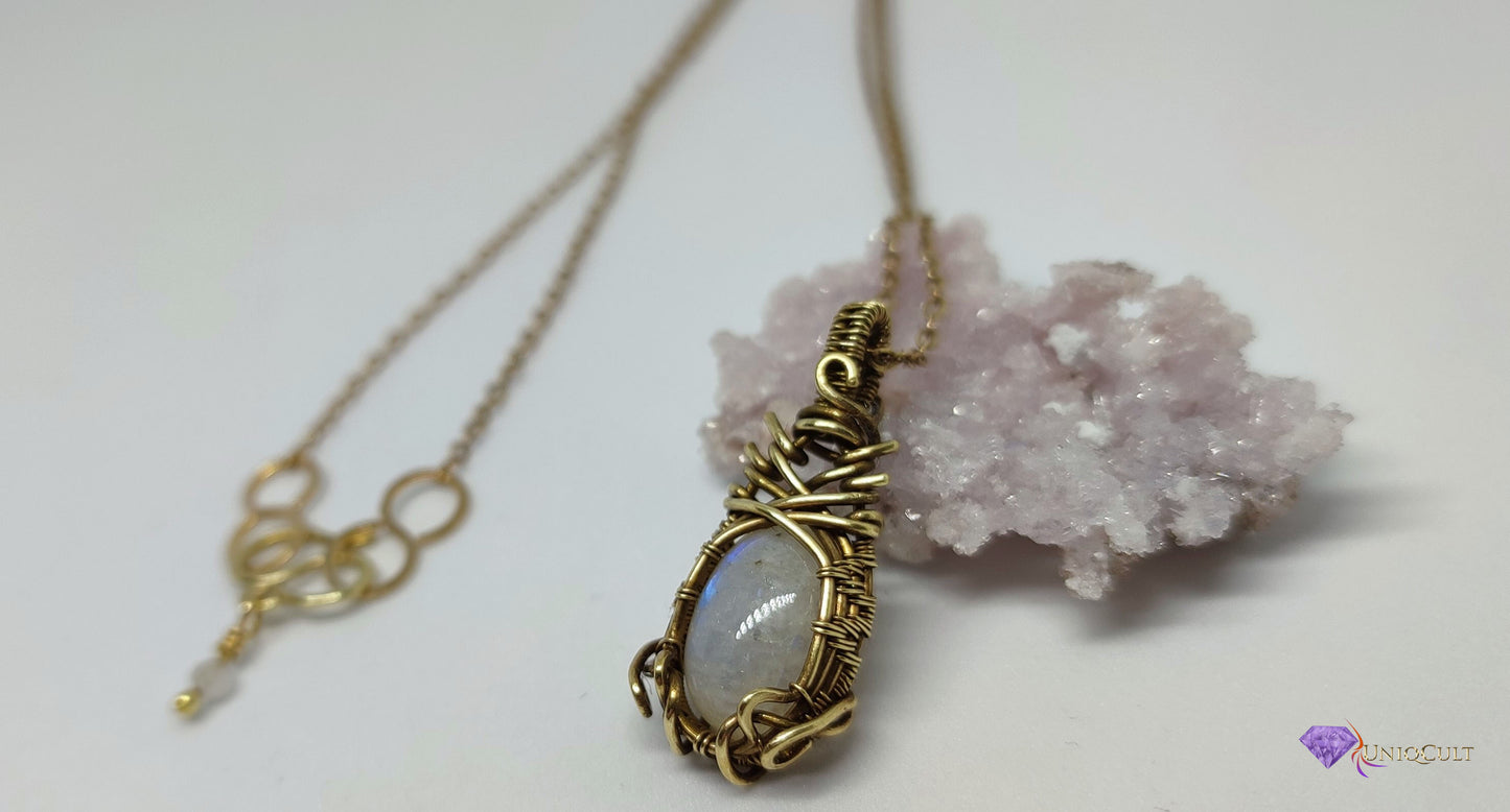 Dainty Feminine Brass Moonstone Pendant, Handmade Brass Wire Wrapped Gemstone Jewelry