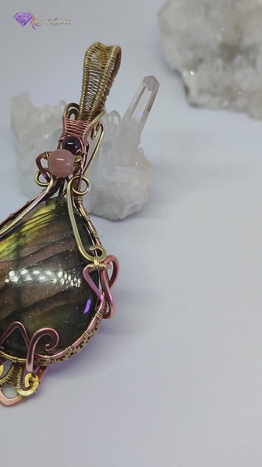 Brass & Copper Wire Wrapped Multicoloured Labradorite Gemstone Pendant