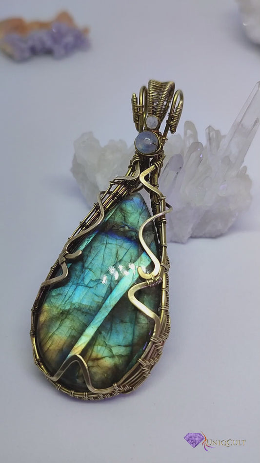 Brass Wire Wrapped Multicoloured Labradorite Gemstone Pendant